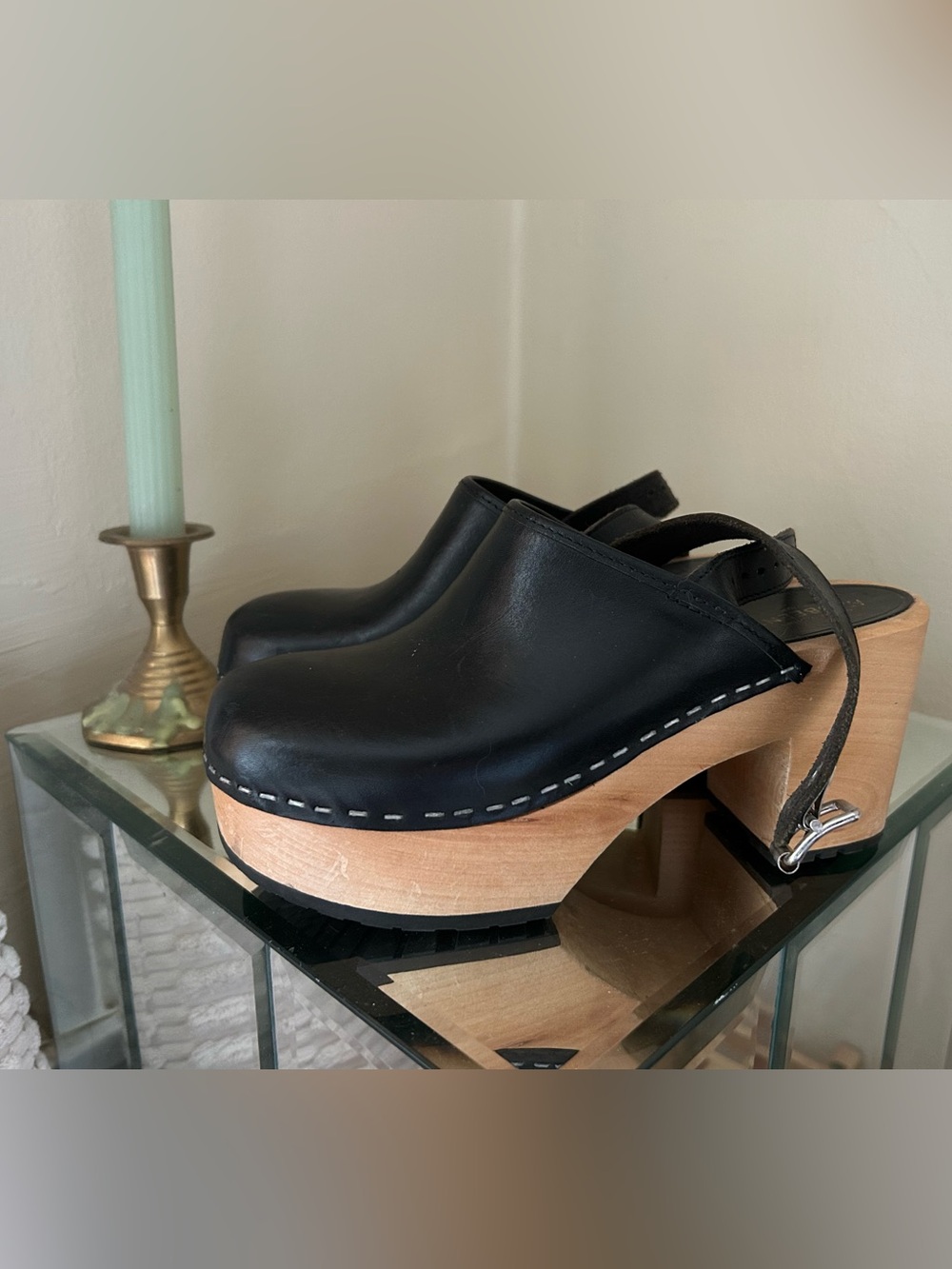 Swedish Hasbeens Black Leather Clogs with Wooden Platform